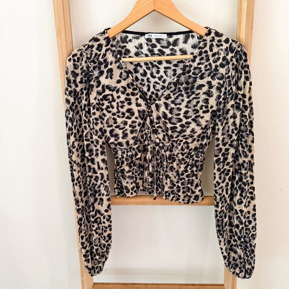 ZARA Leopard Print Plisse Ruched Peplum Blouse Puff Sleeve Crop Top Small